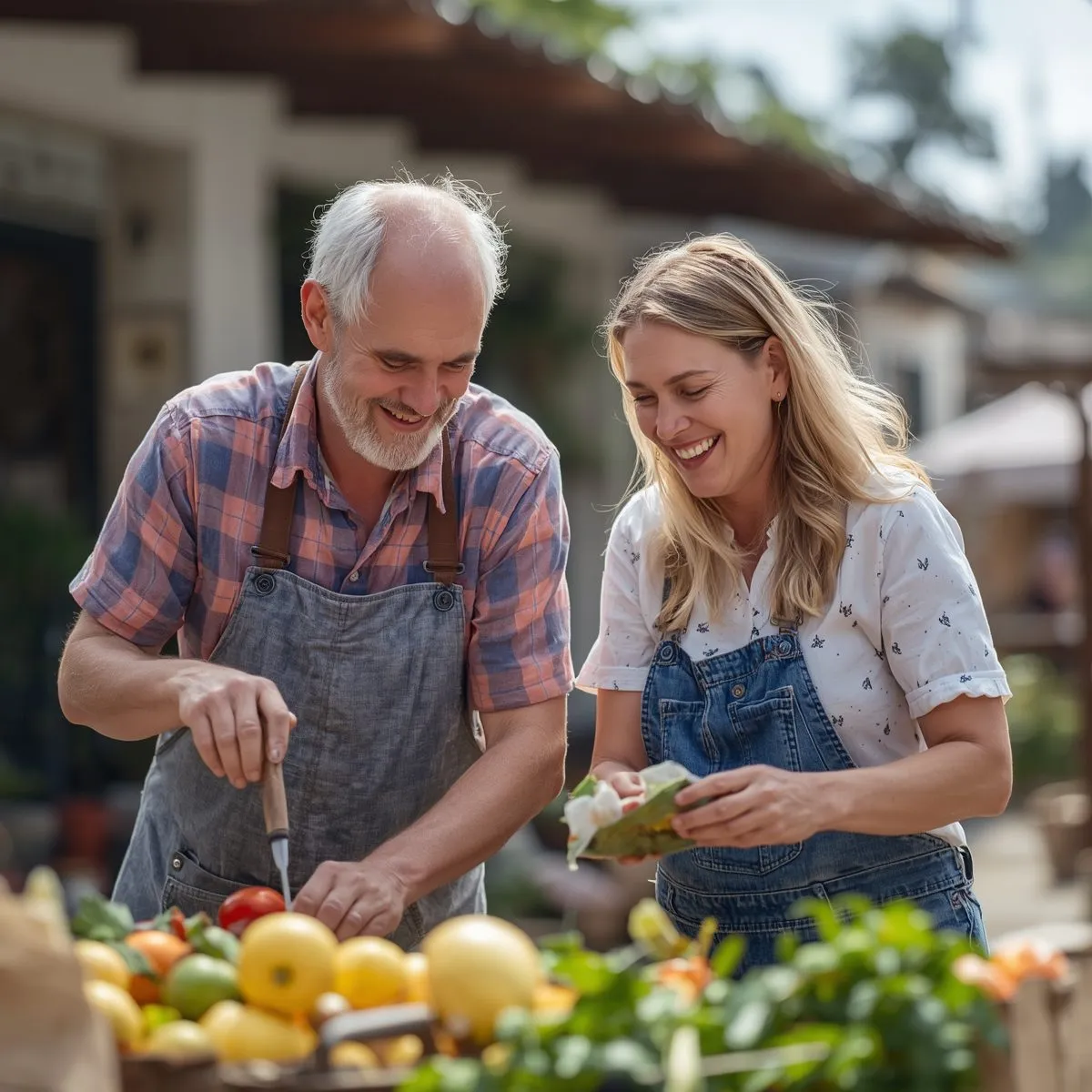 Two adults sharing a laugh while picking out produce together in town