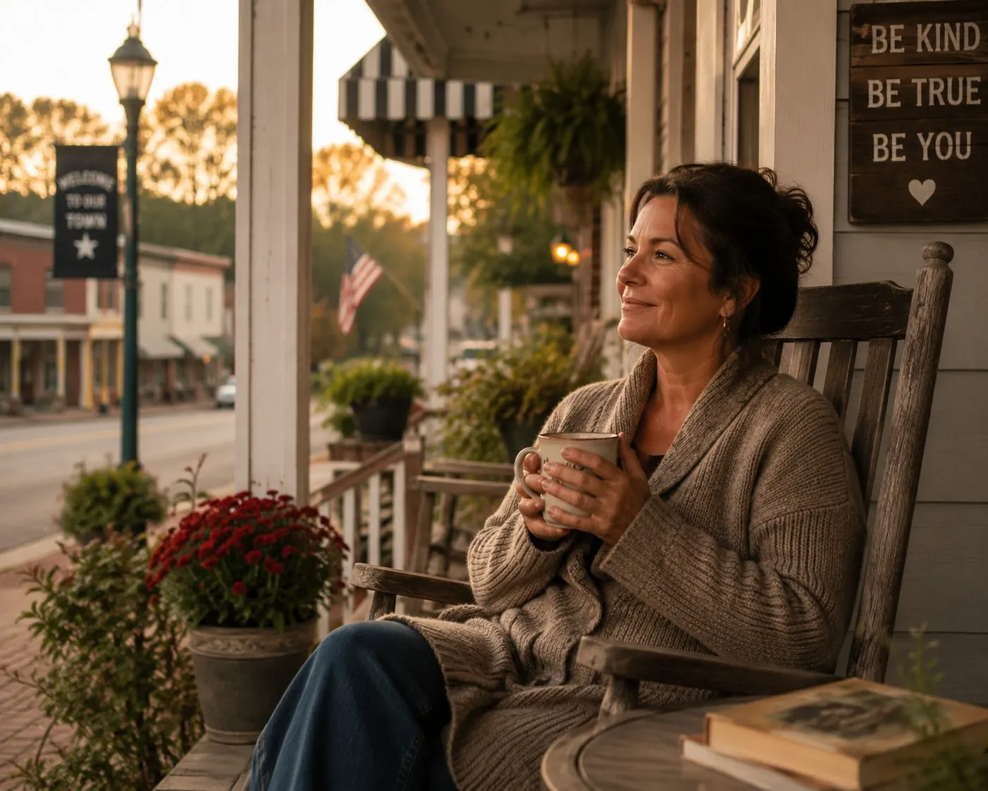A woman relaxing with a cup of coffee on her front porch