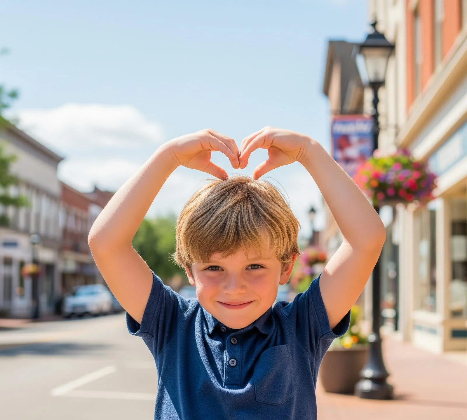 A smiling boy making a heart shape with his hands on a small-town main street