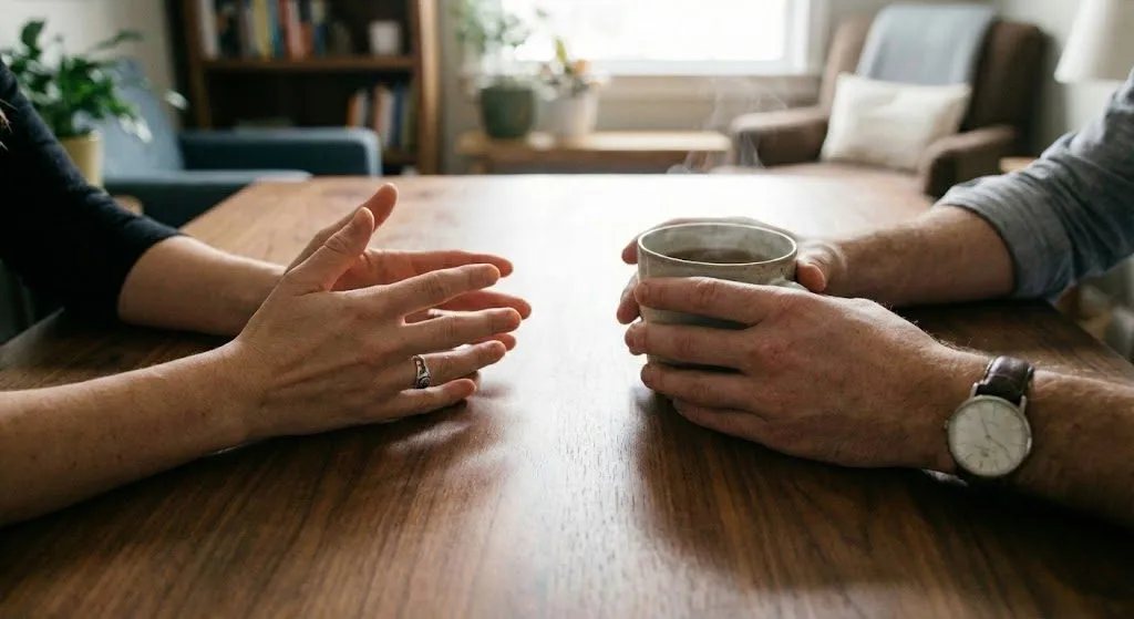 Two people in a calm conversation across a kitchen table, one holding a cup of coffee