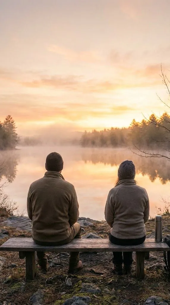 Two people sitting on a bench, watching the sunrise over a misty Maine lake